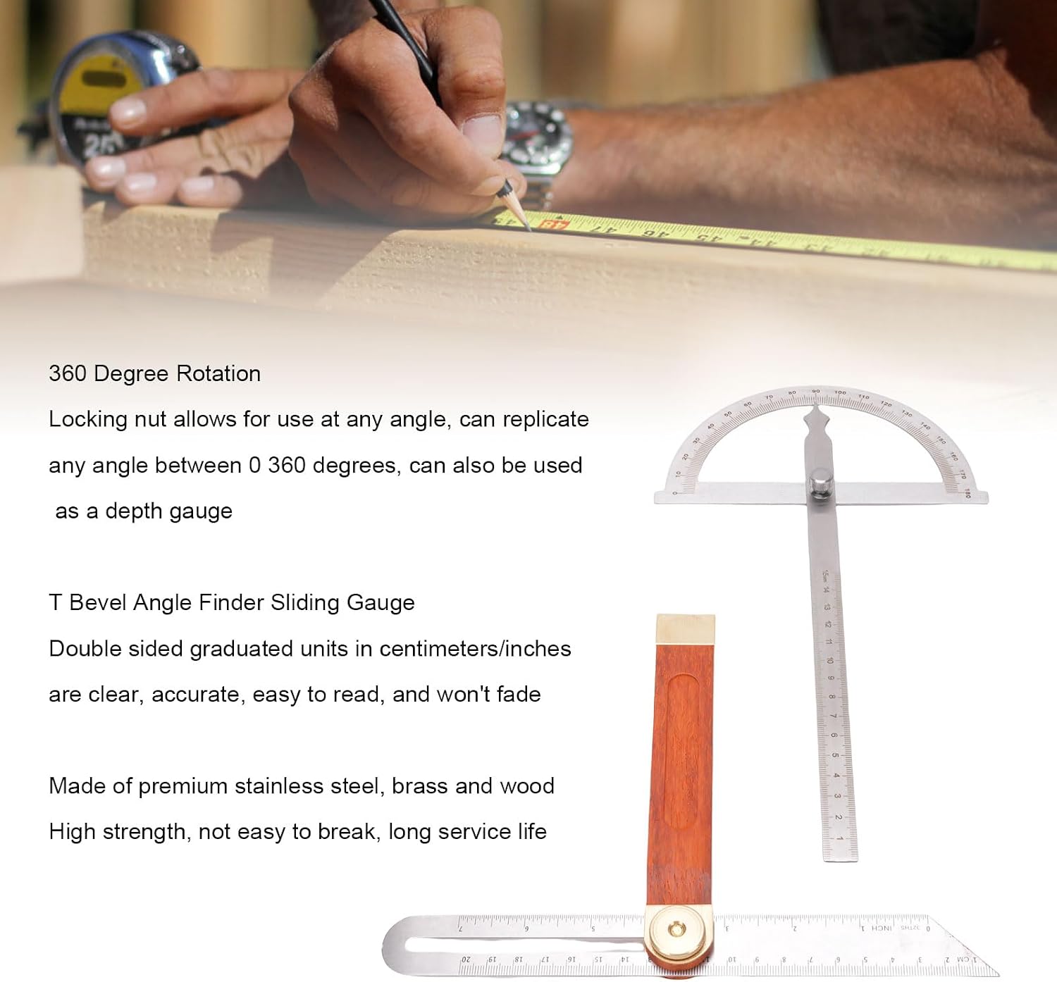Adjustable Angle Finder Protractor Kit Stainless Steel Brass Wood, Dual Scale Ruler and Sliding Gauge - Durable Construction, 360 Degree Rotation, Ideal for Woodworking and Craft