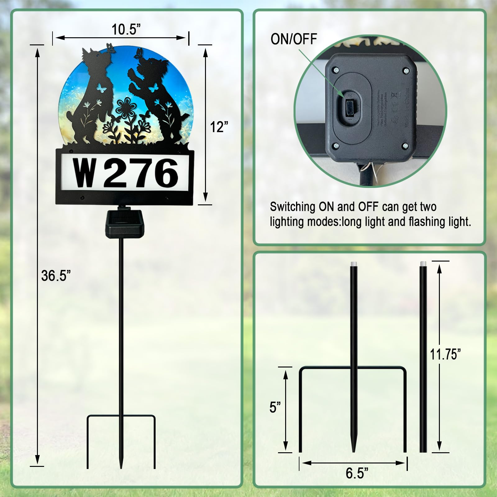 Solar-Hausnummern, Hofschild, solarbetriebene Lichter, Metall, verspielte Yorkie-Hunde-Silhouette, Gartenstecker