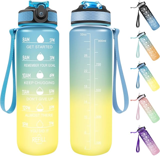 Sports Water Bottle, 1 Litre Water Bottle with Straw & Time Markings, BPA Free, Leakproof & Secure Locking Lid, Tritan Plastic Drink Bottle for School/Cycling/Camping/Running(Blue Yellow)