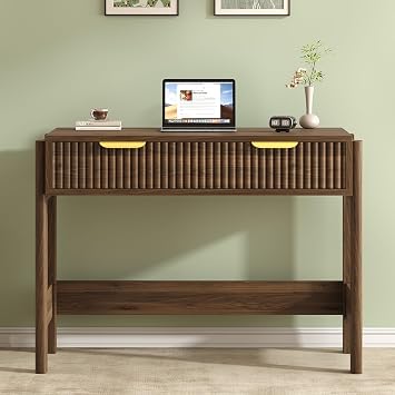 34 Inch Small Fluted Computer Desk with Drawer for Bedroom, Home Office