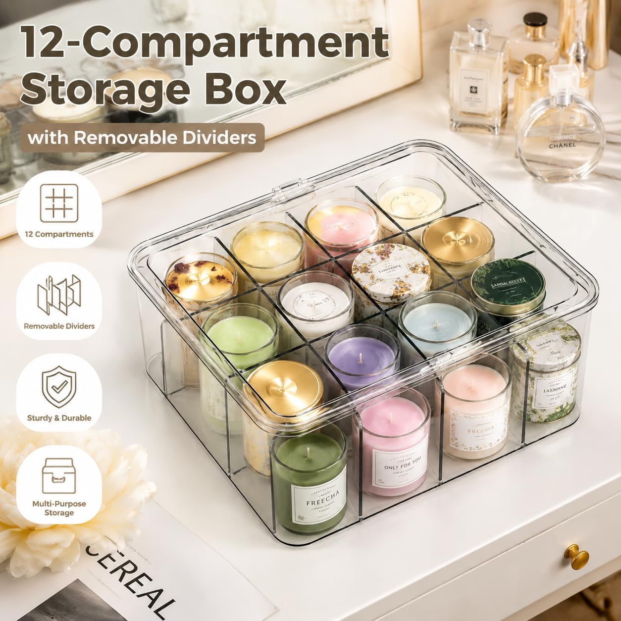 Candle Storage Organizer Box with Dividers Candle Storage Cabinet with 12 Segmentation Layer Suitable for Aromatherapy Candles, Taper Candles, Tealight Candles, Jar Candles and Candle Holders