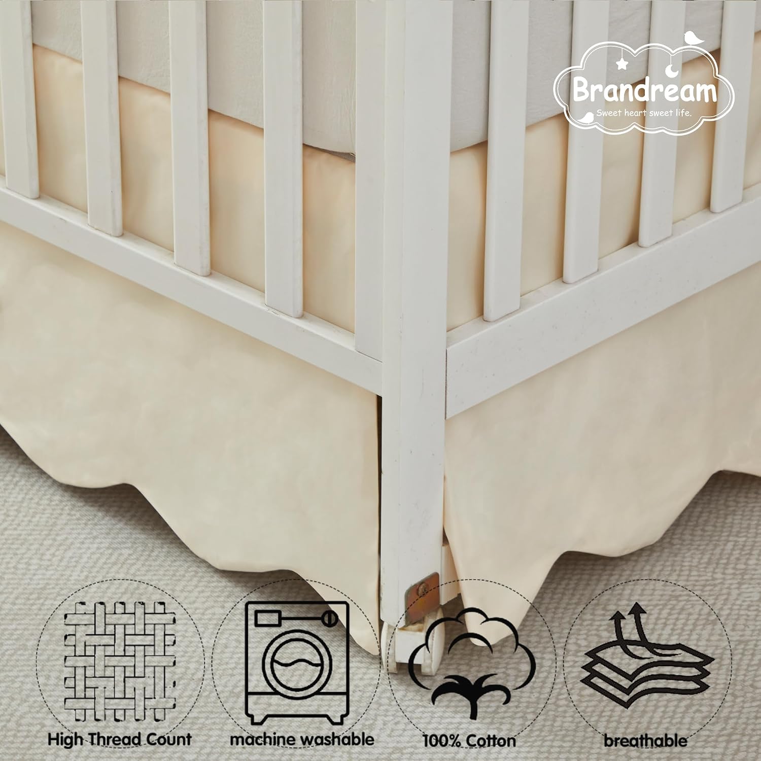 Brandream Scallop Edge Cotton Crib Skirt Toddler Bedskirt Baby Nursery Crib Bed Skirt Boho Bohemian Neutral Solid Color Vintage Ivory Cream Off Farmhouse Chic Boho Bohemian Skirt