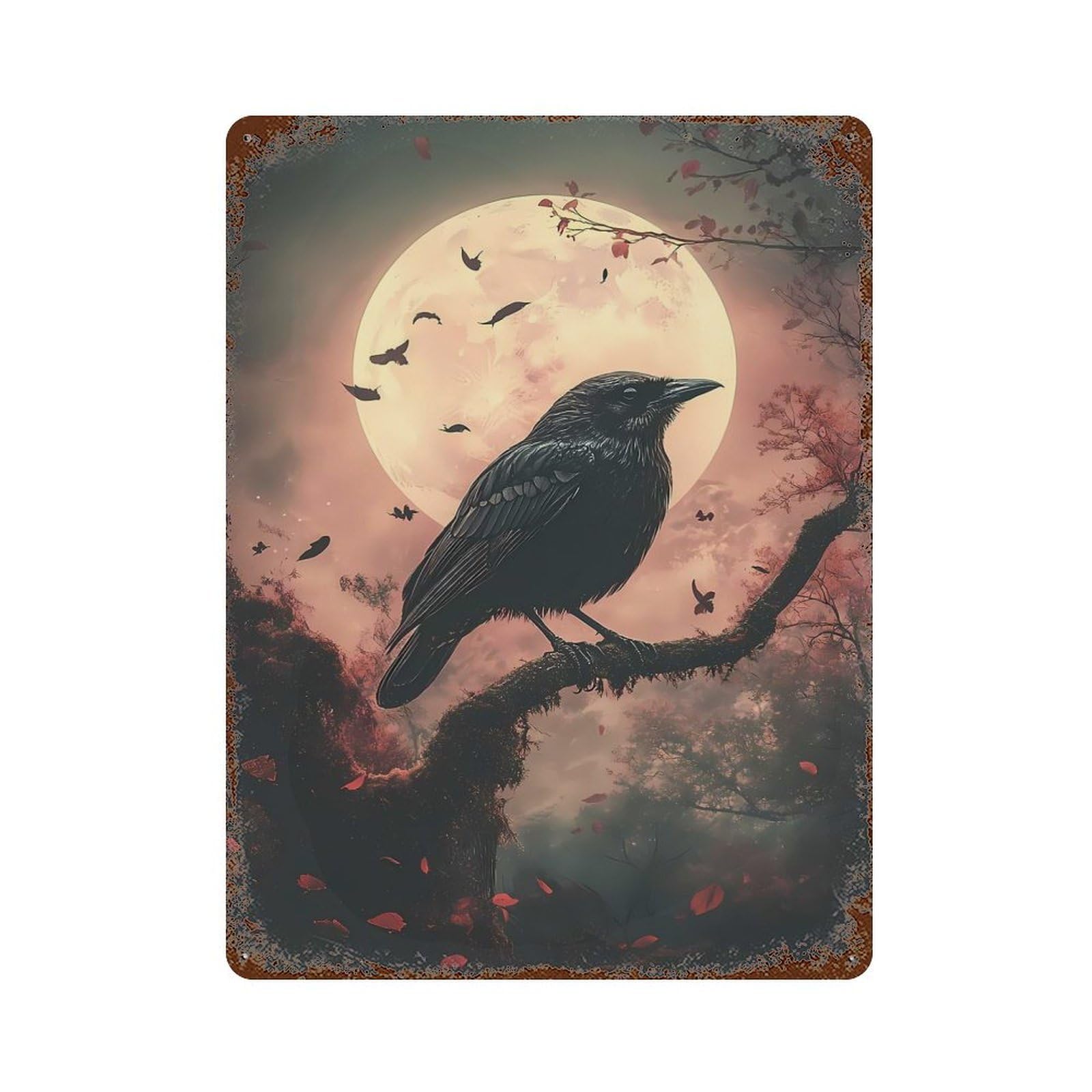 Raven Under Full Moon Rustic Tin Plaque 15.7"x11.8", Ideal for Shed, Workshop And Garage Wall Decor
