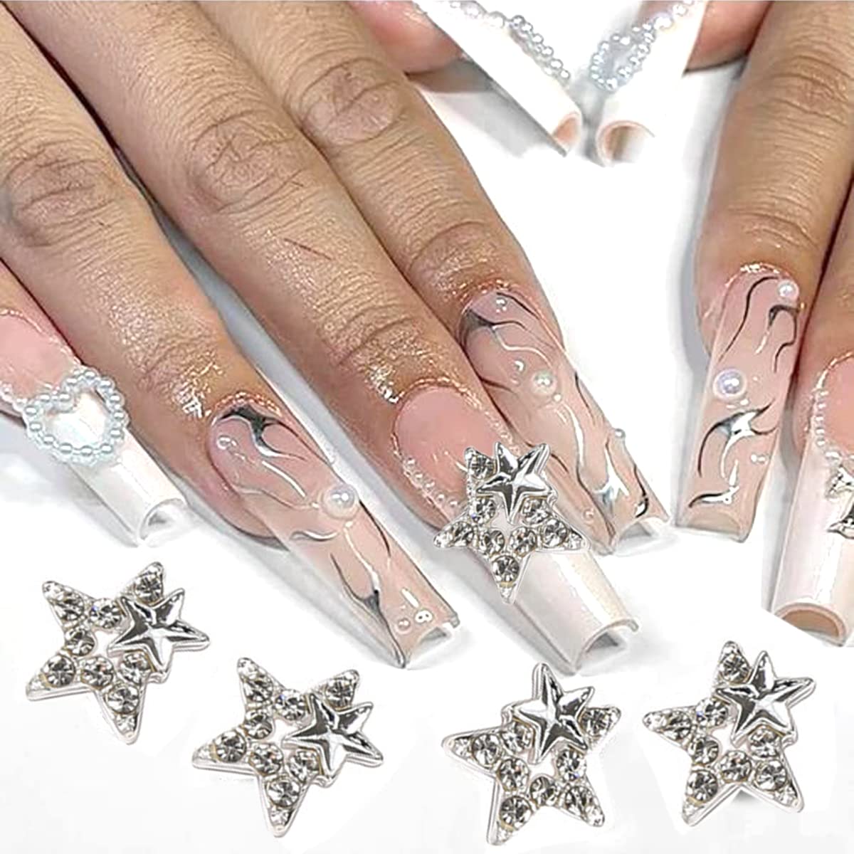 16Pcs 3D Alloy Star Nail Charms Gold Silver Shiny Star Nail Art Decoration with Rhinestones Design Shiny Crystal Nail Gems for Acrylic Nails DIY Manicure Jewelry Accessories Women Nail Supplies - Image 2