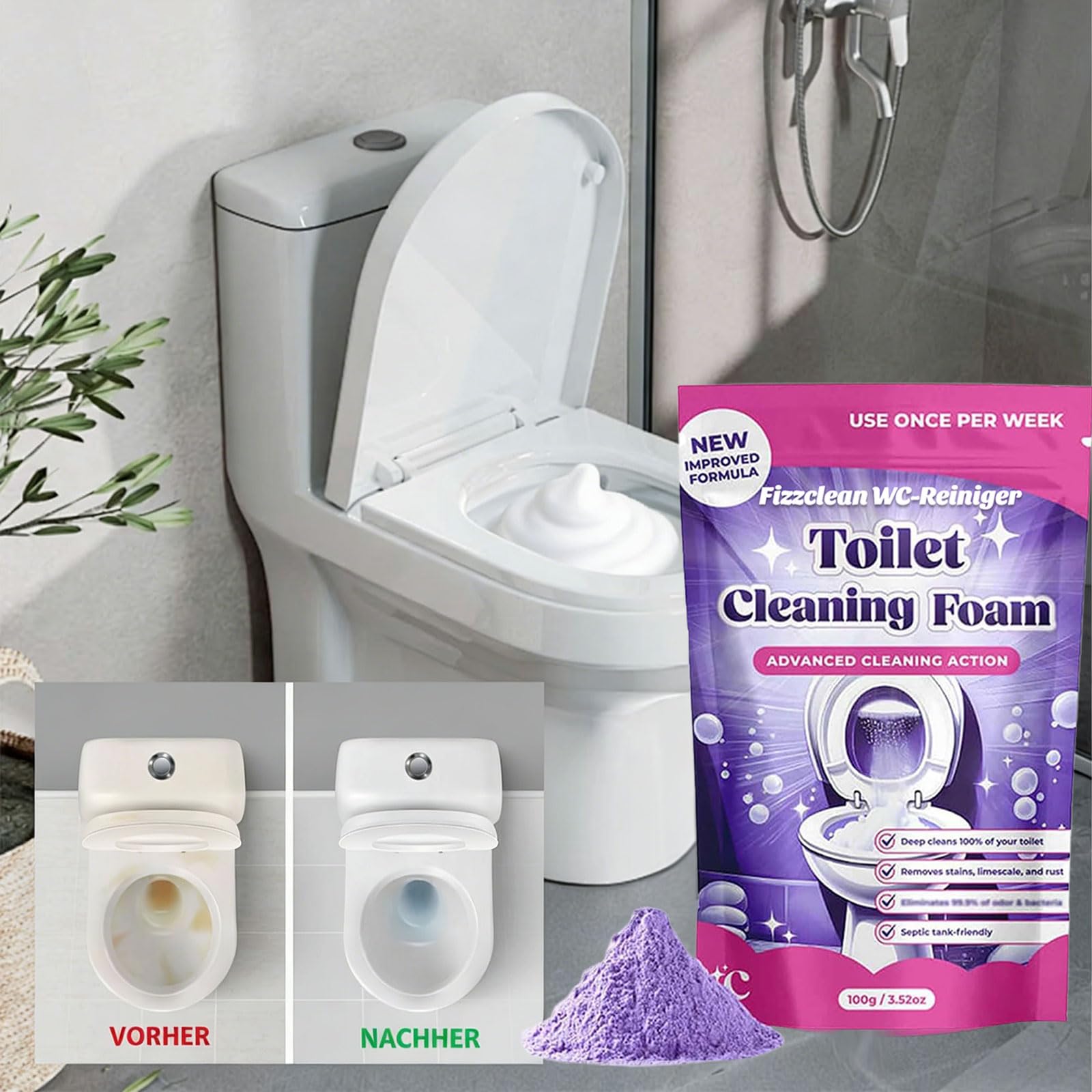 Fizzclean Wc-Reiniger Original, 2026 Neu Fizzclean WC Schaumreiniger, Toilettenschaum Extra Stark Reinigung, Lavendelgeschmack, 100g (1 packung) - 3