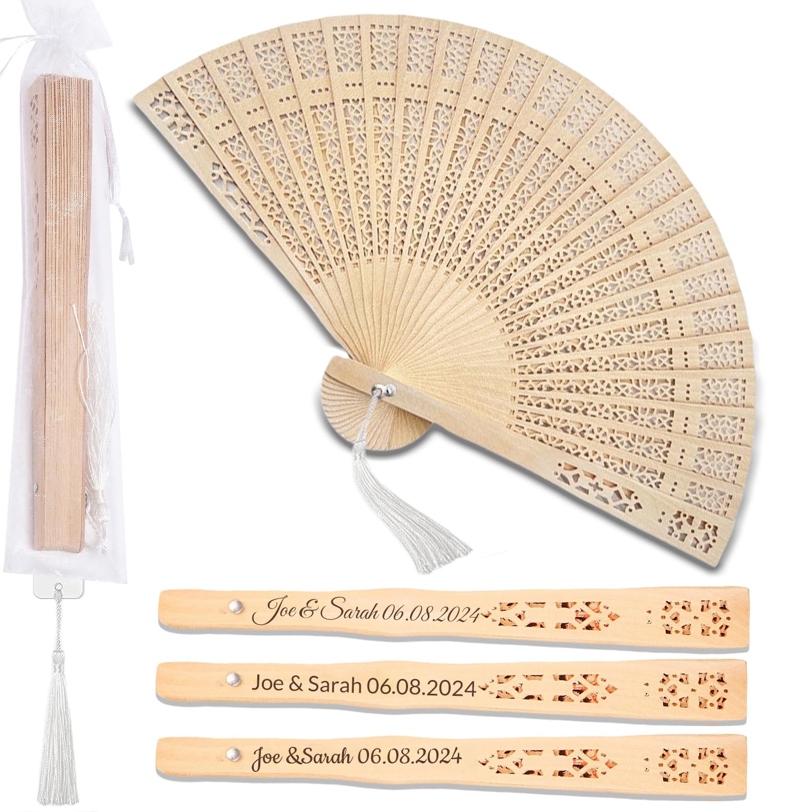 zyinoant 100Pcs Personalized Wooden Hand Fans Wedding Favors For Guests Bulk Foldable Fans Handheld Personalized Wedding Party Gifts with Tassel Yarn Bags (100)