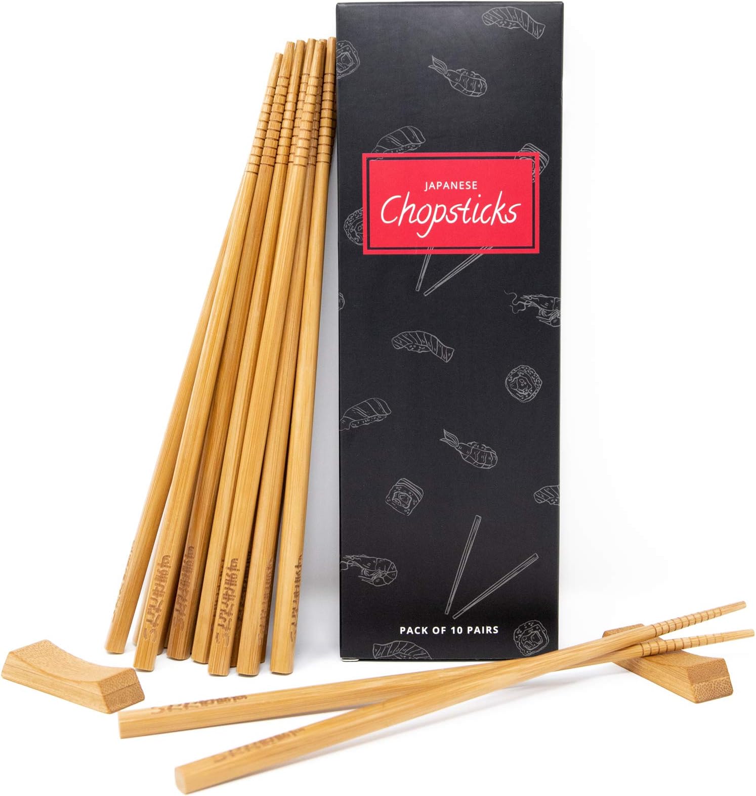 Reusable Chopsticks Set of 10 Bamboo Pairs with 2 Chopstick Rests
