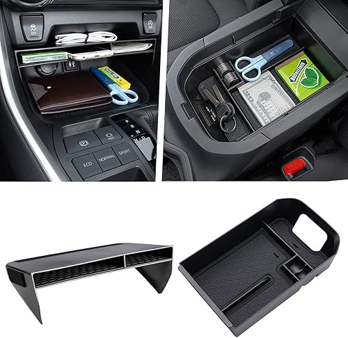 JDMCAR Bandeja organizadora de consola central de 2 piezas y caja de almacenamiento para reposabrazos compatible con Toyota RAV4 2019 2020 2021 2022