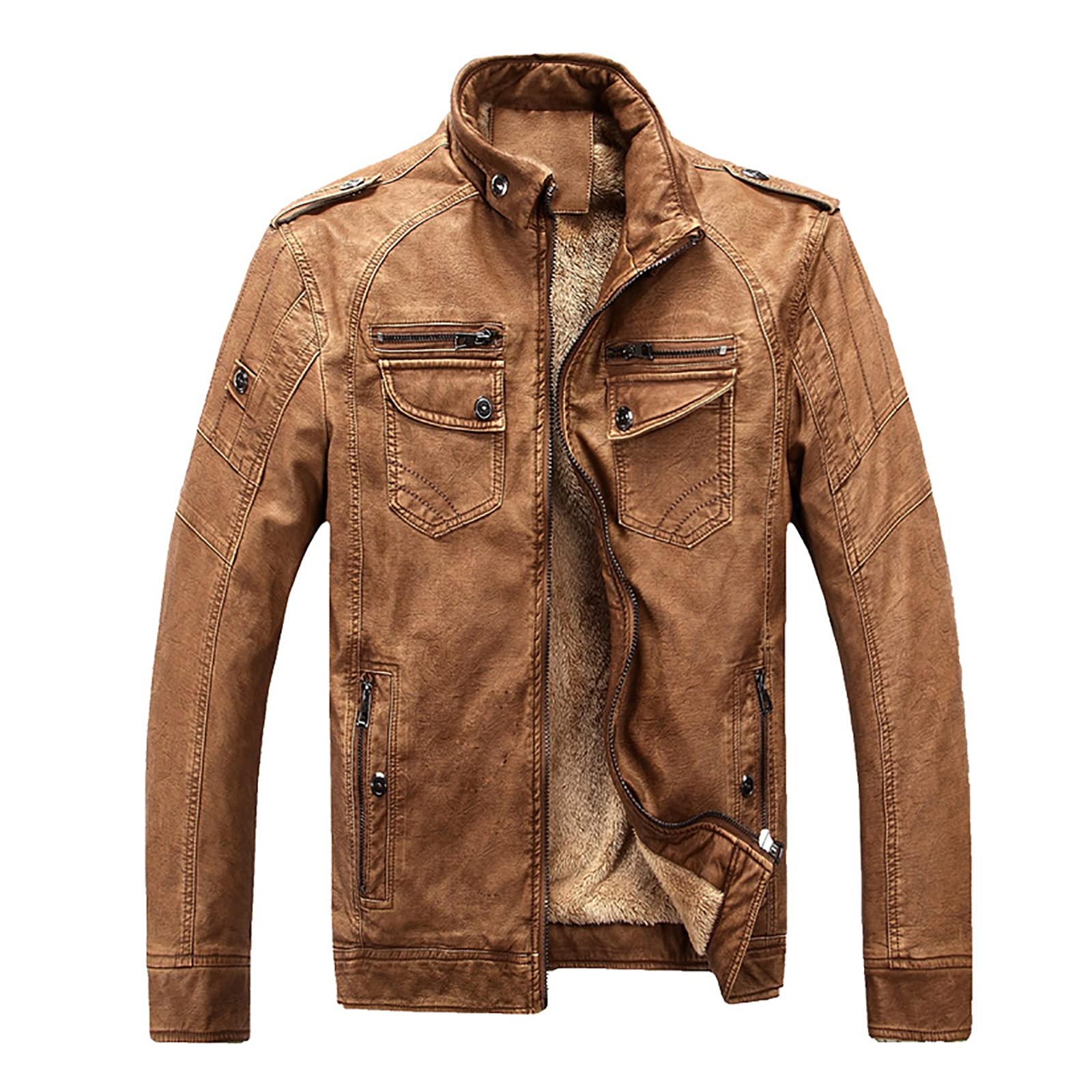 COITROZR Men's leather jackets - Biker Jacket Mens - men's plush thick casual leather jackets - Winter Mens Leather Jackets,brown,L