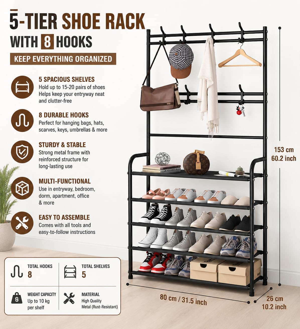 BuenoVida Cloth Stand for Room, Clothes Hanger Stand for Home, Coat Hanger Clothes Stand Hanging Wrought Iron Rack Standing Unit for Home, Bedroom Storage Organizer 2