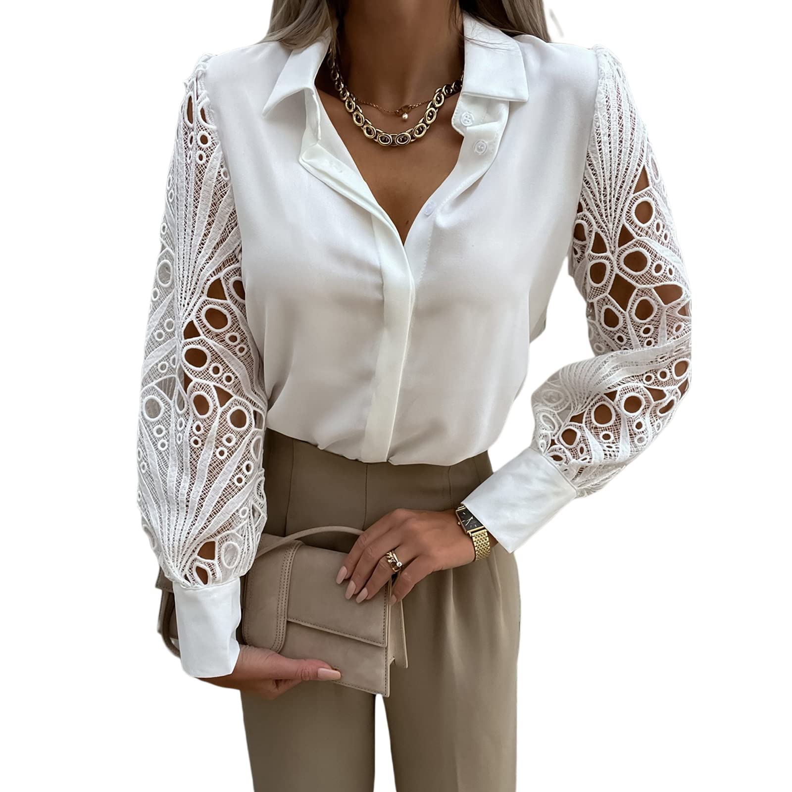 XIXIMAON Camisa Elegante de Mujer Top Blusa de Manga Hueca Larga con Cuello en V Camisa Casual Abotonada de Solapa y Color Sólido con Manga de Encaje Shirt Femenino para Oficina Diario