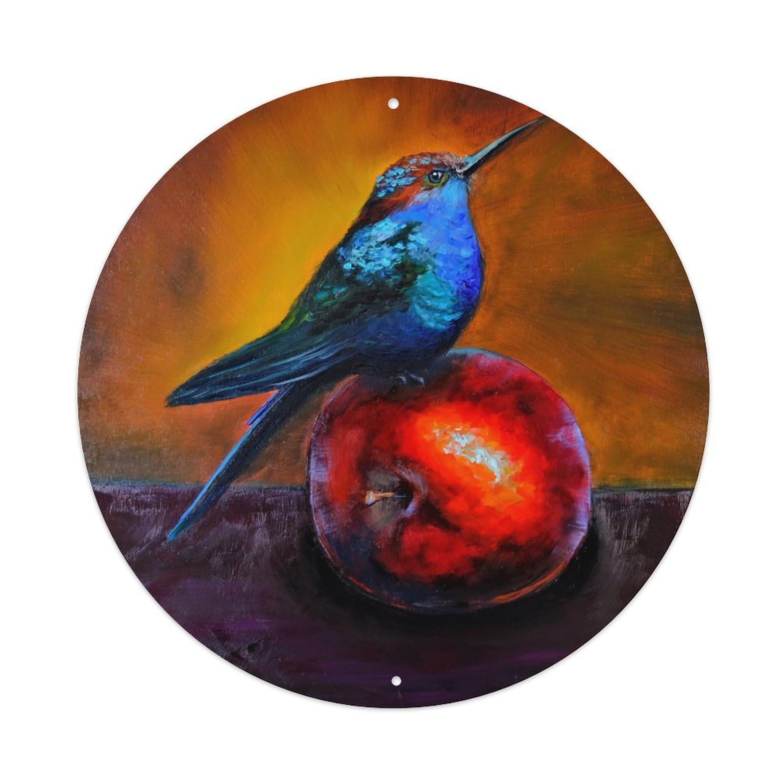 Animal Artwork Poster Hummingbird And Apple Vintage Metal Tin Sign Plaque Wall Decor for Cafe, Club, Garden Round Metal Poster 8x8Inch