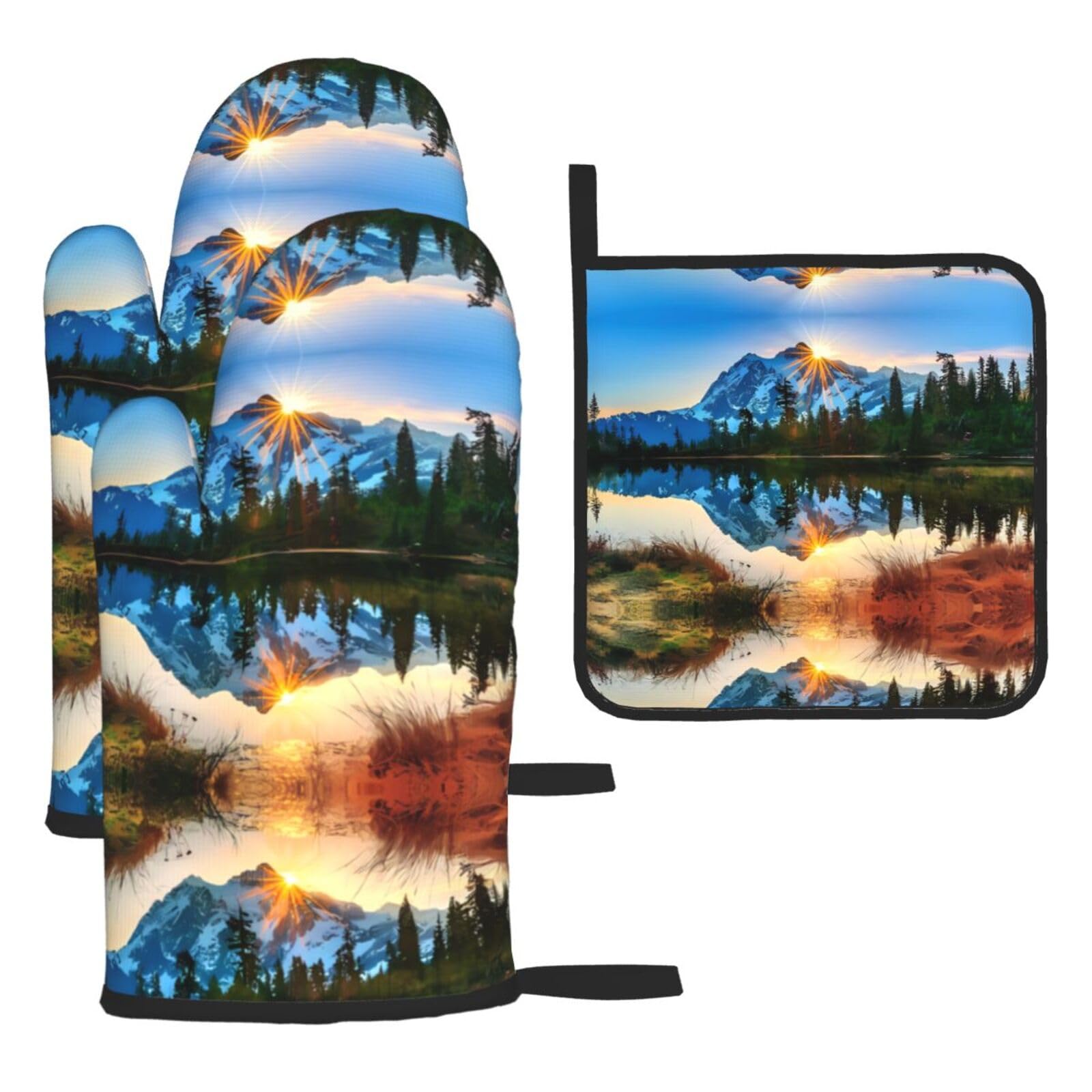 Mountain Sunrise 3 Piece Kitchen Oven Mitt Set Heat Resistant Gloves with Pot Holder Mat Polyester Printed for Cooking Baking BBQ Grill
