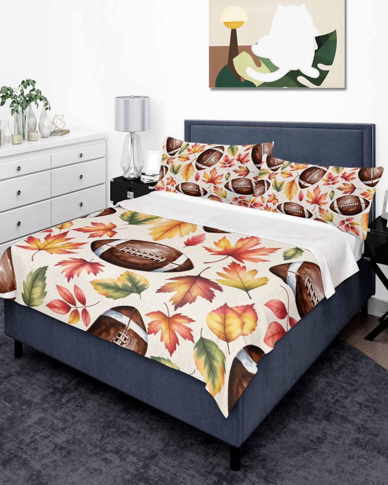 Full Size Flat Sheet Only, Football Autumn Maple Leaf Orange Bed Top Sheet Soft Microfiber Breathable Bedding Flat Sheets, Fallen Leaves Seamless Top Sheets Hotel Luxury