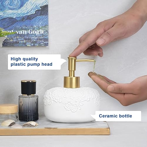 Miniatura 5 de Dispensador de jabón líquido de cerámica blanca con aspecto de diseño en relieve, dispensador de jabón con bomba de plástico a prueba de óxido de