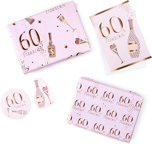 RUSPEPA Happy 60th Birthday Wrapping Paper Sheets Pink Design Including Greeting Card and Gift Tags for Birthday Wishes - 2 Fold Flat Sheets