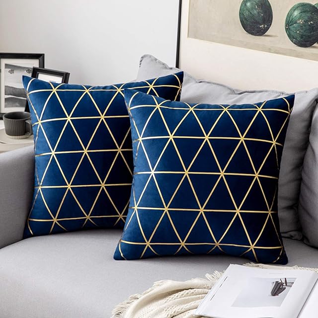 MIULEE Velvet Cushion Cover Gilded Throw Pillow Covers with Gold Lines Triangle Pattern Square Decorative Soft Home for Sofa Living Room Bedroom Navy 18 x 18 Inch 45 x 45 cm Pack of 2
