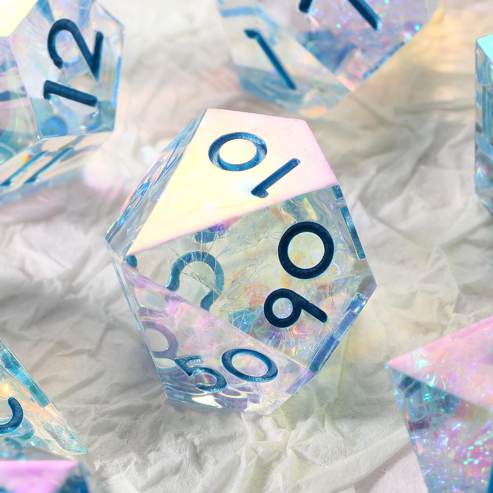 DNDND - Dadi affilati in resina con placcatura iridescente, fatti a mano, con splendida custodia regalo, per giochi da tavolo come Dungeons e Dragon (placcatura iridescente trasparente)
