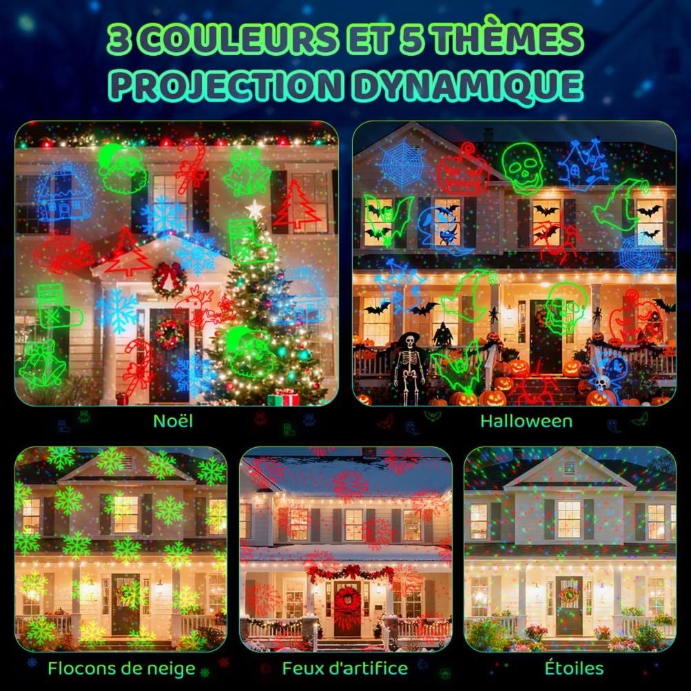 OUSFOT Projecteur Noel Exterieur, 3 Couleurs Rouge Vert Bleu Projecteur Laser avec Télécommande et Timing, 5 Cartes avec Noël,Halloween,Fête, Parties, Point Laser, Cadeau pour Festival