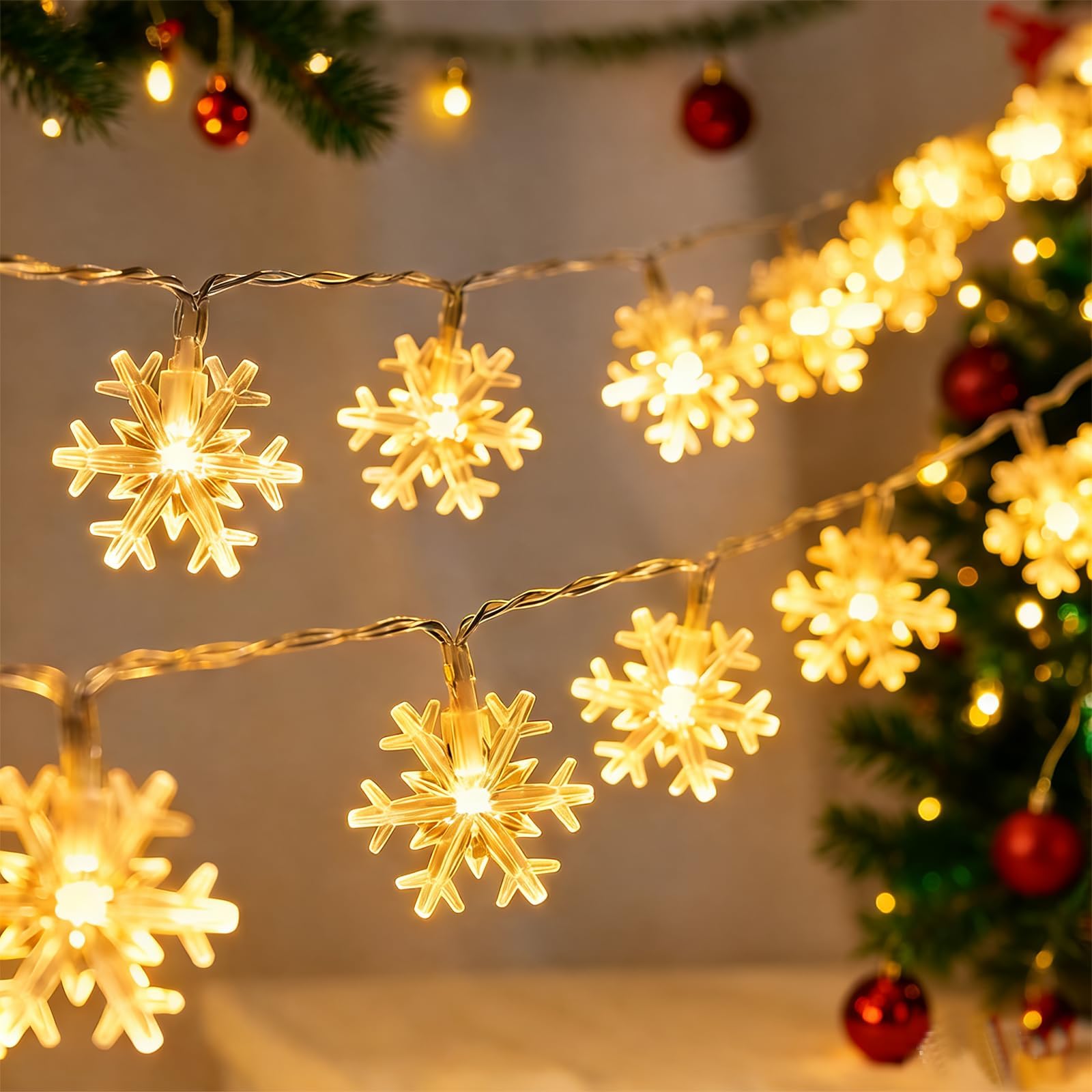 Christmas Decorations, 15M 150 LED Christmas Lights, Warm White Snowflake Fairy Lights for Christmas tree Decorations Indoor Outdoor