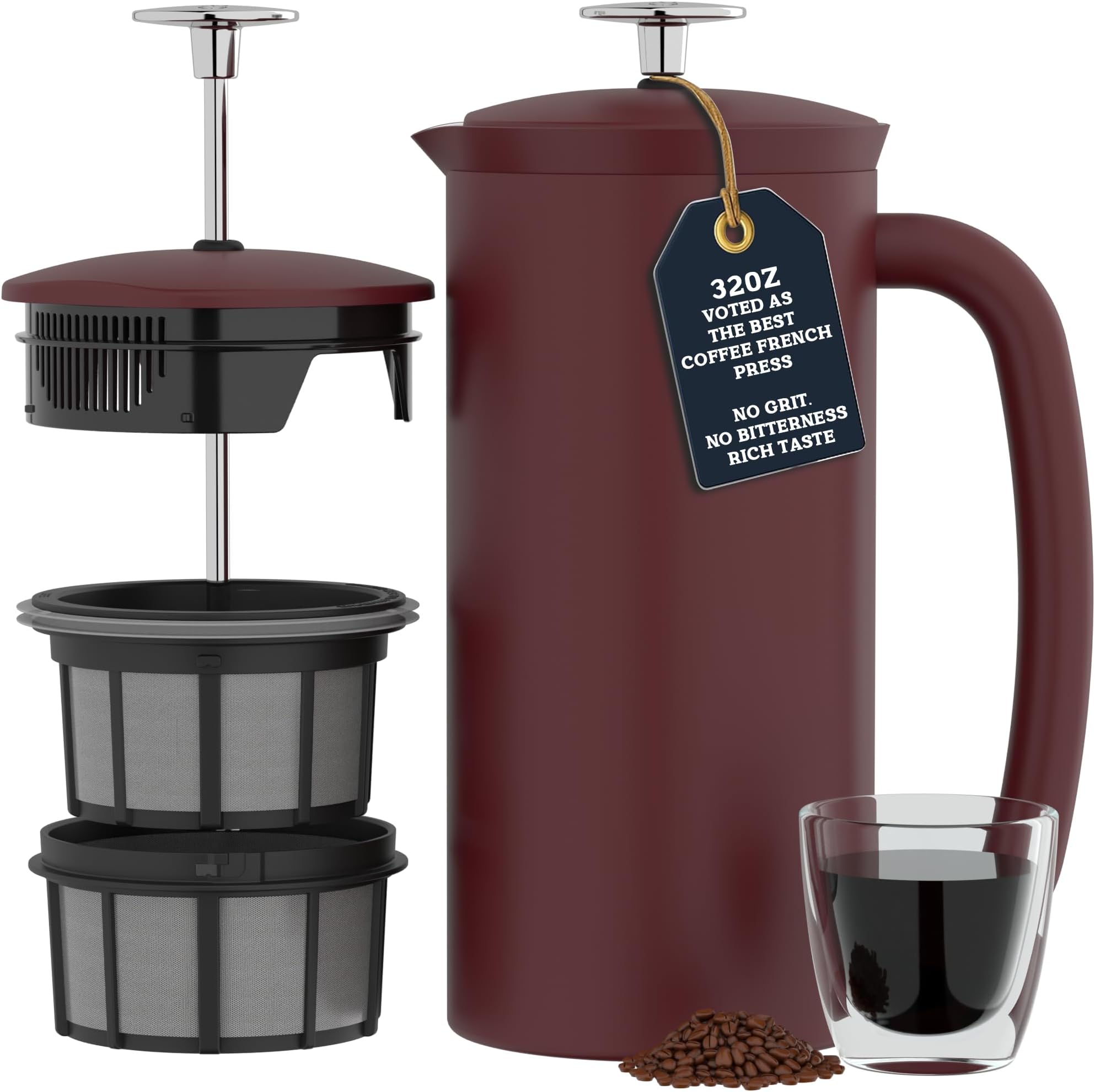 P7 French Press Coffee Maker - Double-Walled Stainless Steel Insulated with Micro-Filter, 32 Ounces, Cranberry