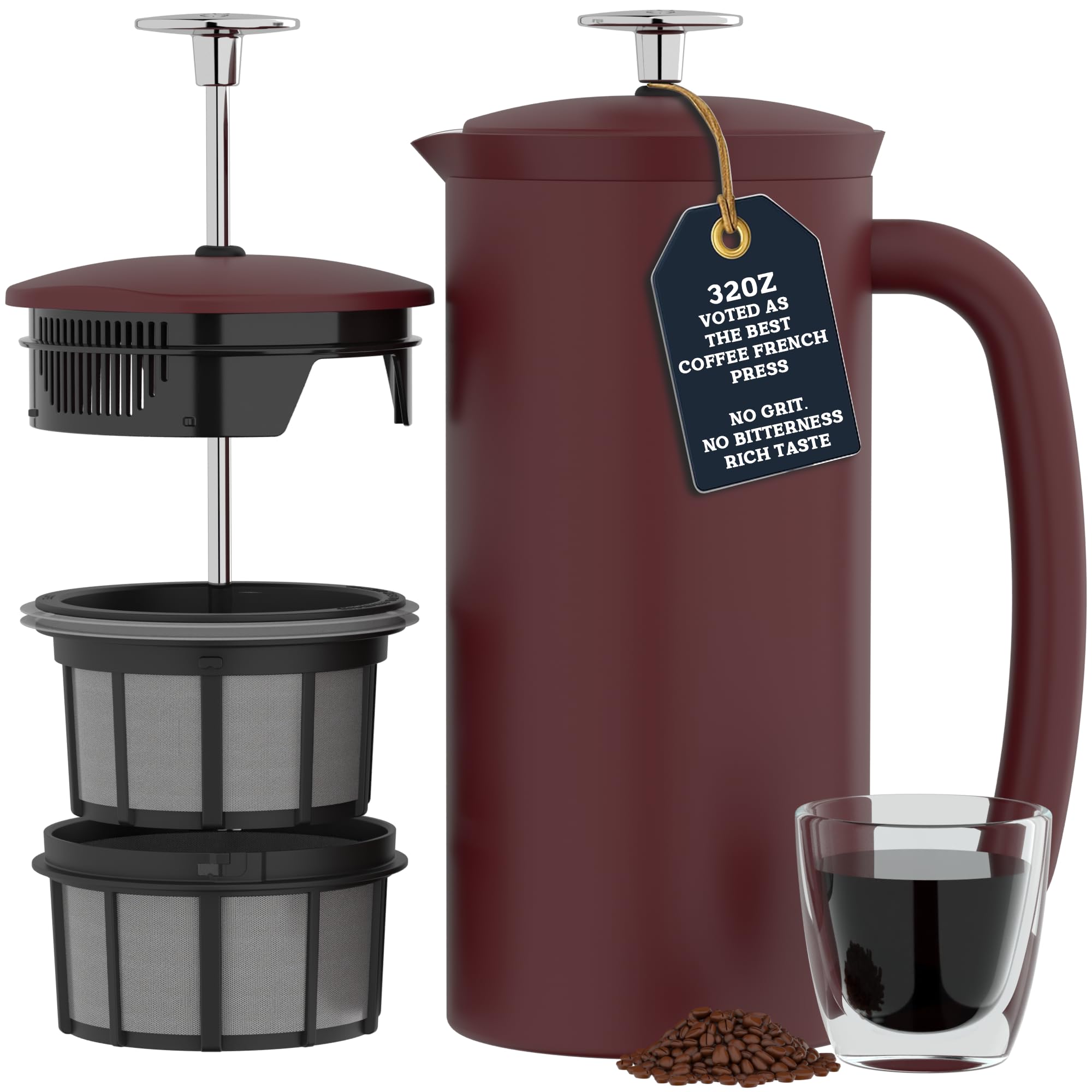ESPRO - P7 French Press - Double Walled Stainless Steel Insulated Coffee and Tea Maker with Micro-Filter - Keep Drinks Hotter for Longer, Perfect for Home (Cranberry, 32 Oz)