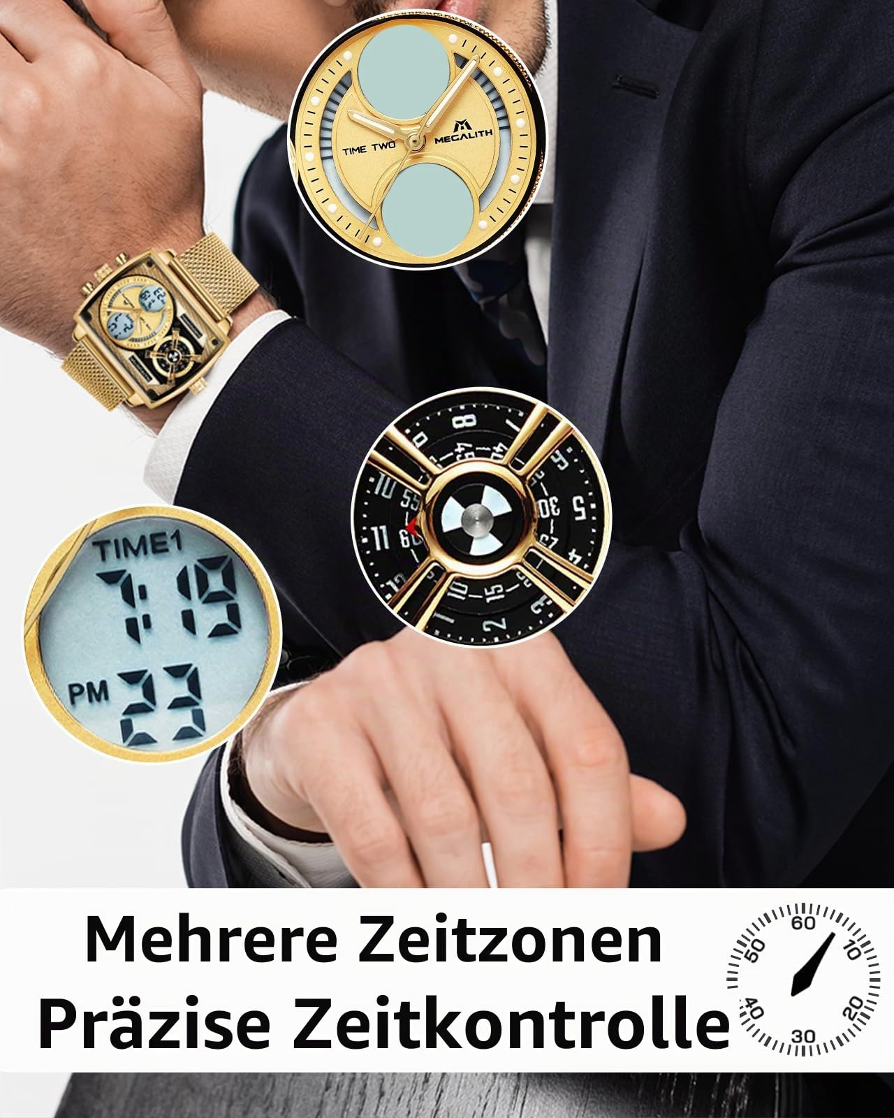 MEGALITH Herren Uhr Digital Analog: Multi-Zeitzone Arbeits Armbanduhr mit Groß Zifferblatt Quadratisch - Stilvoll Geschenke für Business Männer Jubiläum Geburtstag
