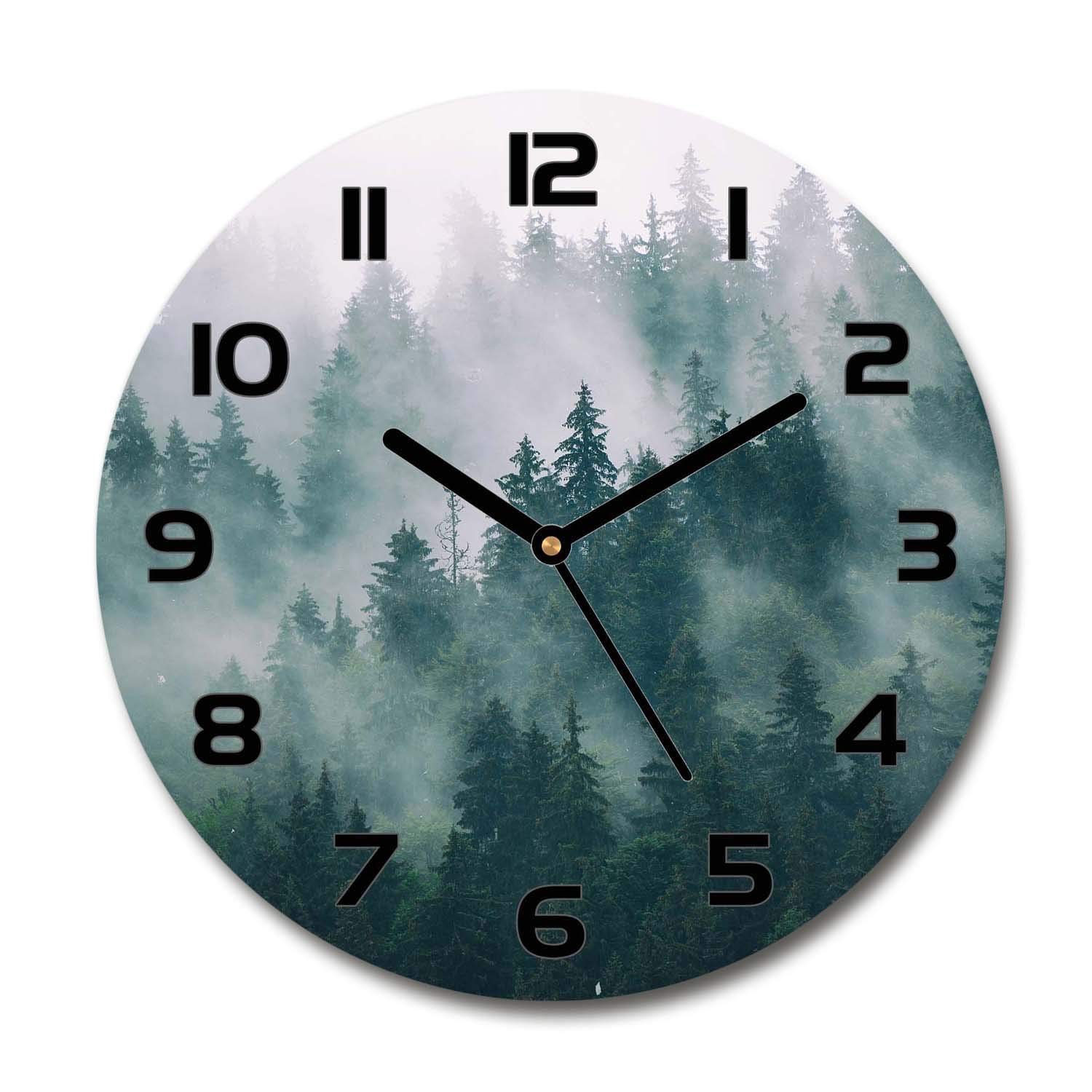 Horloge en verre 60x60cm silencieuse design brouillard forêt pour salon