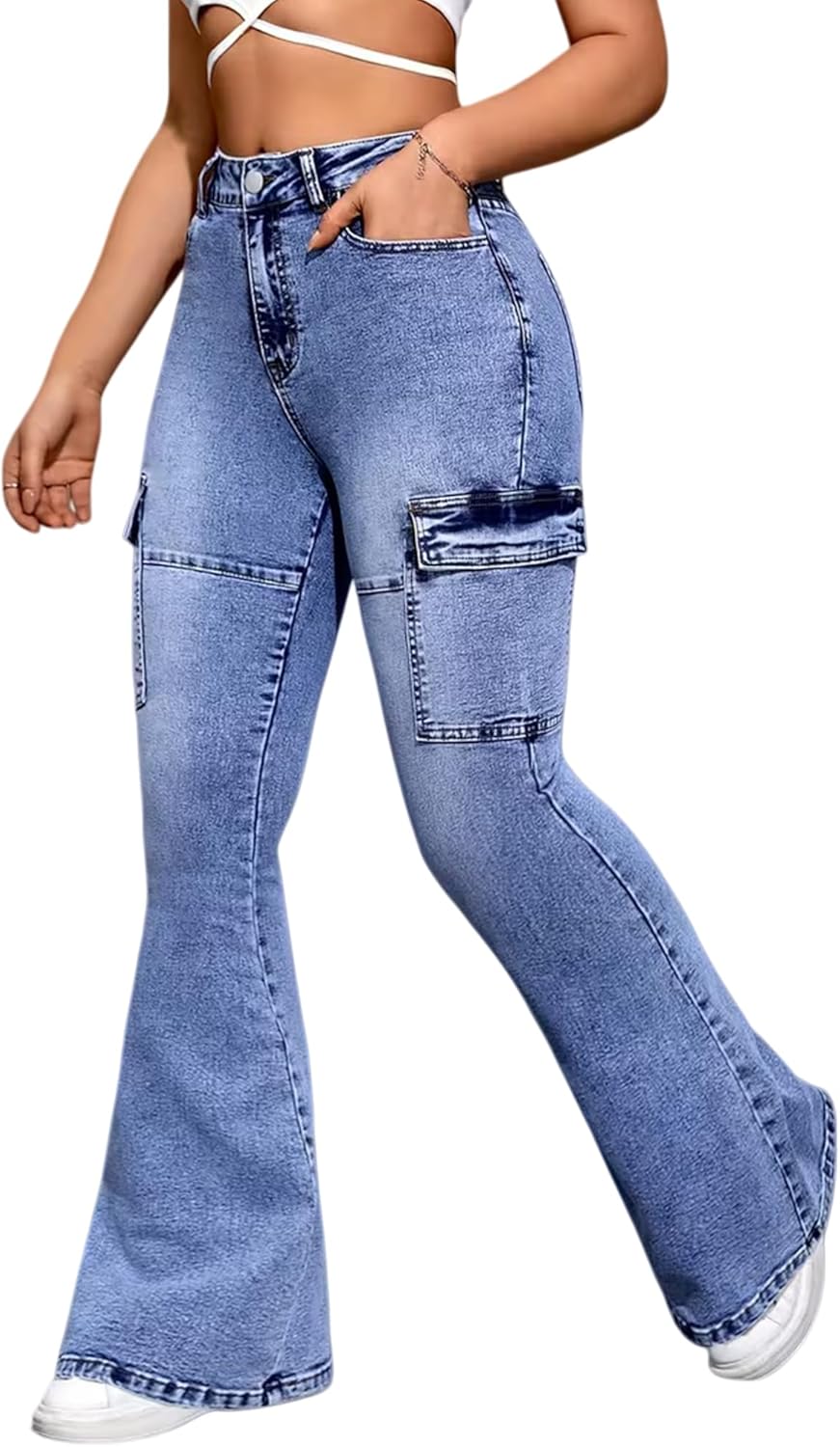 Flare Jeans for Women High Waisted Stretchy Bell Bottoms Jeans with Pocket for Slim-fit Bootcut Denim Pants