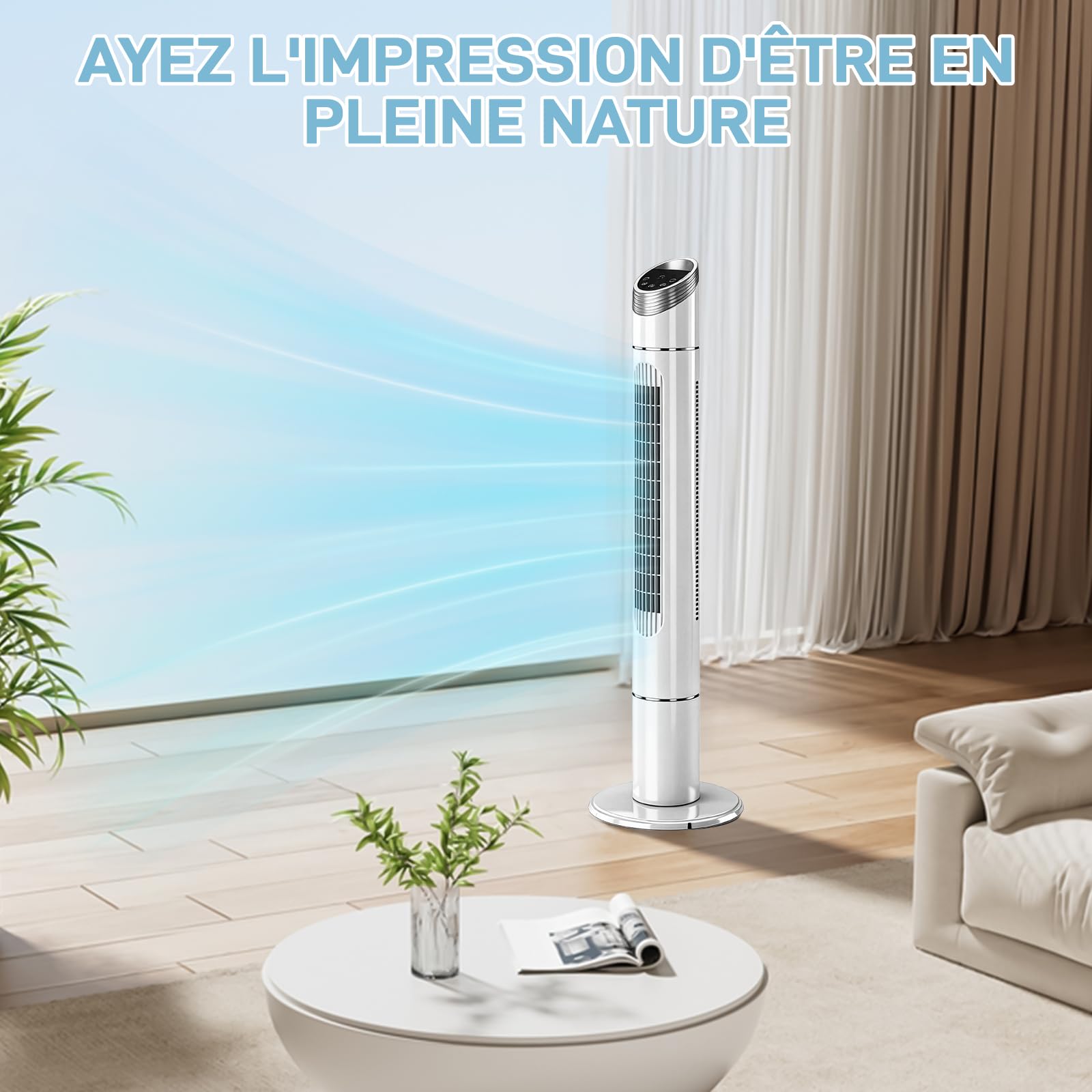 LEADZM Ventilateur Colonne 90W Tour Oscillant 107 cm avec Angle de 80 Degrés,3 Vitesses, commande soft touch,minuterie 12h,silencieux, poignée, base stable (blanc)