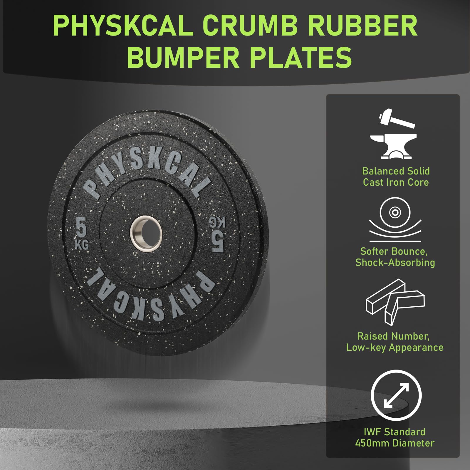 PhysKcal Hi-Temp Bumper Plates Ø50 mm, Disques Olympiques | 5-25 kg | Pour l'haltérophilie & powerlifting, garage & salle de sport à domicile | Absorbe les chocs & protège le sol lors des drops.
