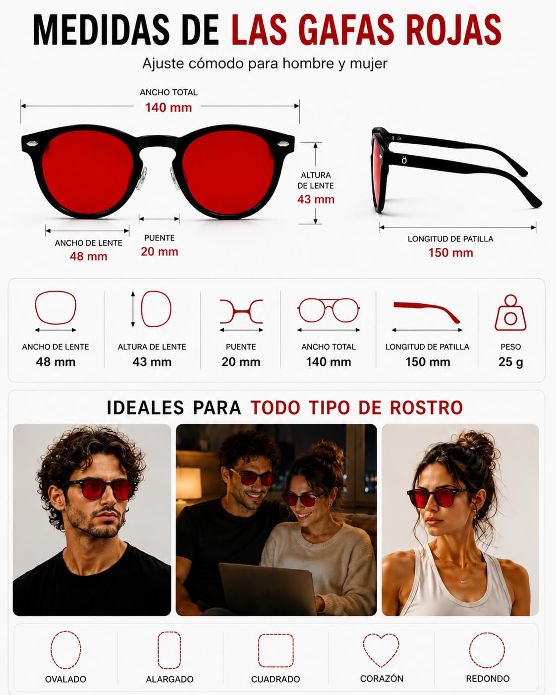 Gafas Luz Roja Biohacking para Dormir y Pantallas | Bloqueo Luz Azul | Lentes Anti Luz Azul TR90 Ultraligeras Unisex | Mejora Sueño, Sin Fatiga Visual | Gaming