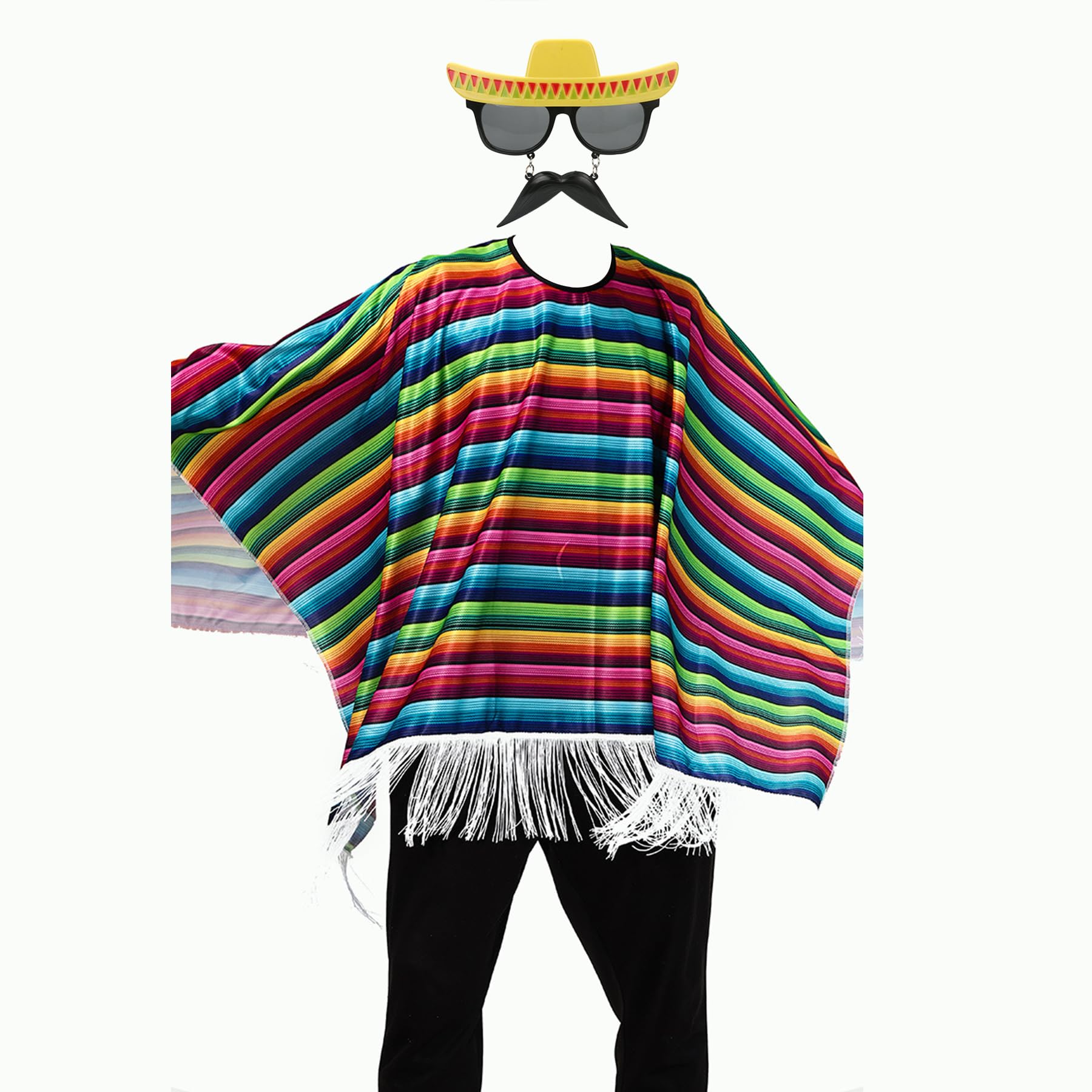 MOYAGA Mexican Fancy Dress - Set of 2 Fuchsia, Green & Blue Mexican Poncho, Mexican Moustache Straw Hat and Funny Glasses, Mens Fancy Dress Costume, Mexican Party Spoof Outfits - Image 2