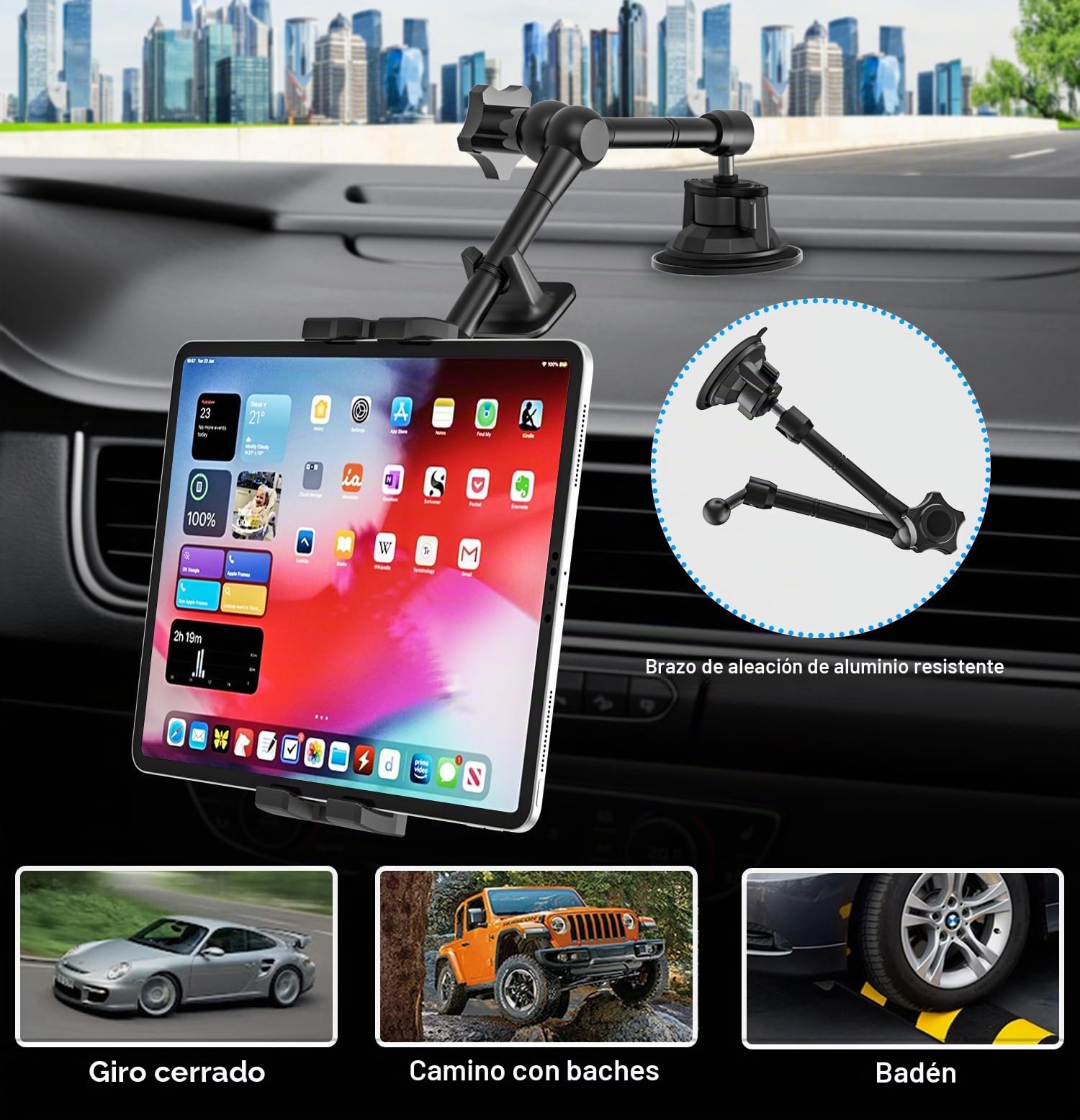 Soporte Tablet de Coche/Camión para Salpicadero Parabrisas | Soporte Tablet Ventosa Coche Resistente con Brazo de Metal para iPad Pro/Air/Mini, Galaxy, Lenovo, iPhone, Móvil e 4~12,9"