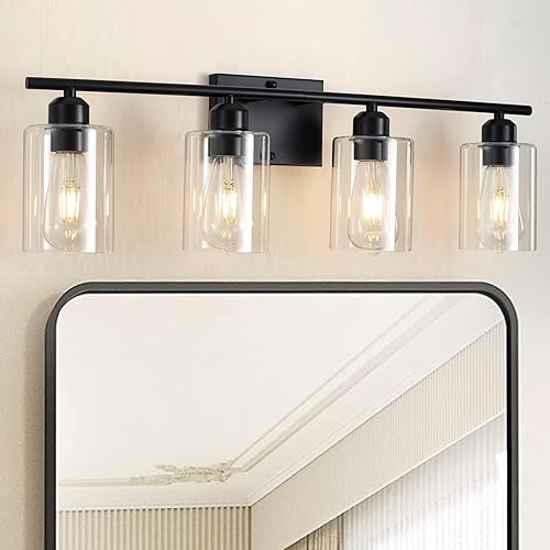 Lámparas de baño negras, 4 luces de tocador de baño para baño, luces de baño negras sobre espejo de pared, apliques de luz con pantalla de vidrio