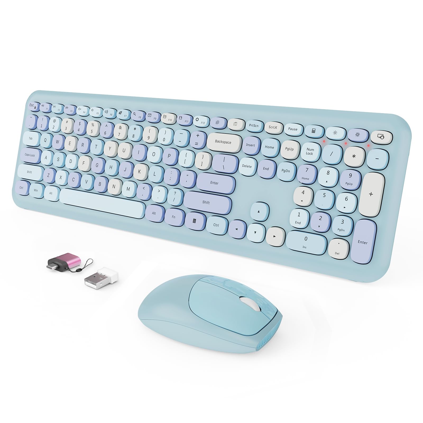 Wireless Keyboard and Mouse Combo, Colorful Ergonomic Full Size Retro Low-Noise Keyboard with Cute keycaps, Compatible with Windows, PC, Perfer for Home and Office Keyboards (Blue)