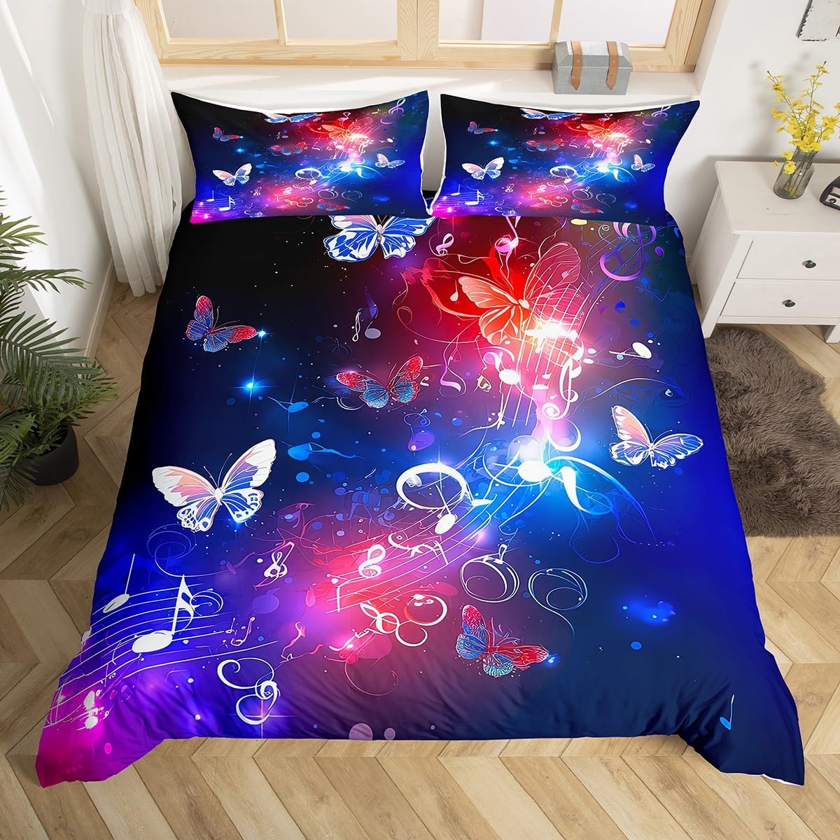 Flying Butterflies Bedding Set King Size Music Notes Comforter Cover for Kids Child, Rustic Aesthetic Animal Duvet Cover for Boys Teens Youth Musical Quilt Cover Red Blue Butterfly Bedroom Decor
