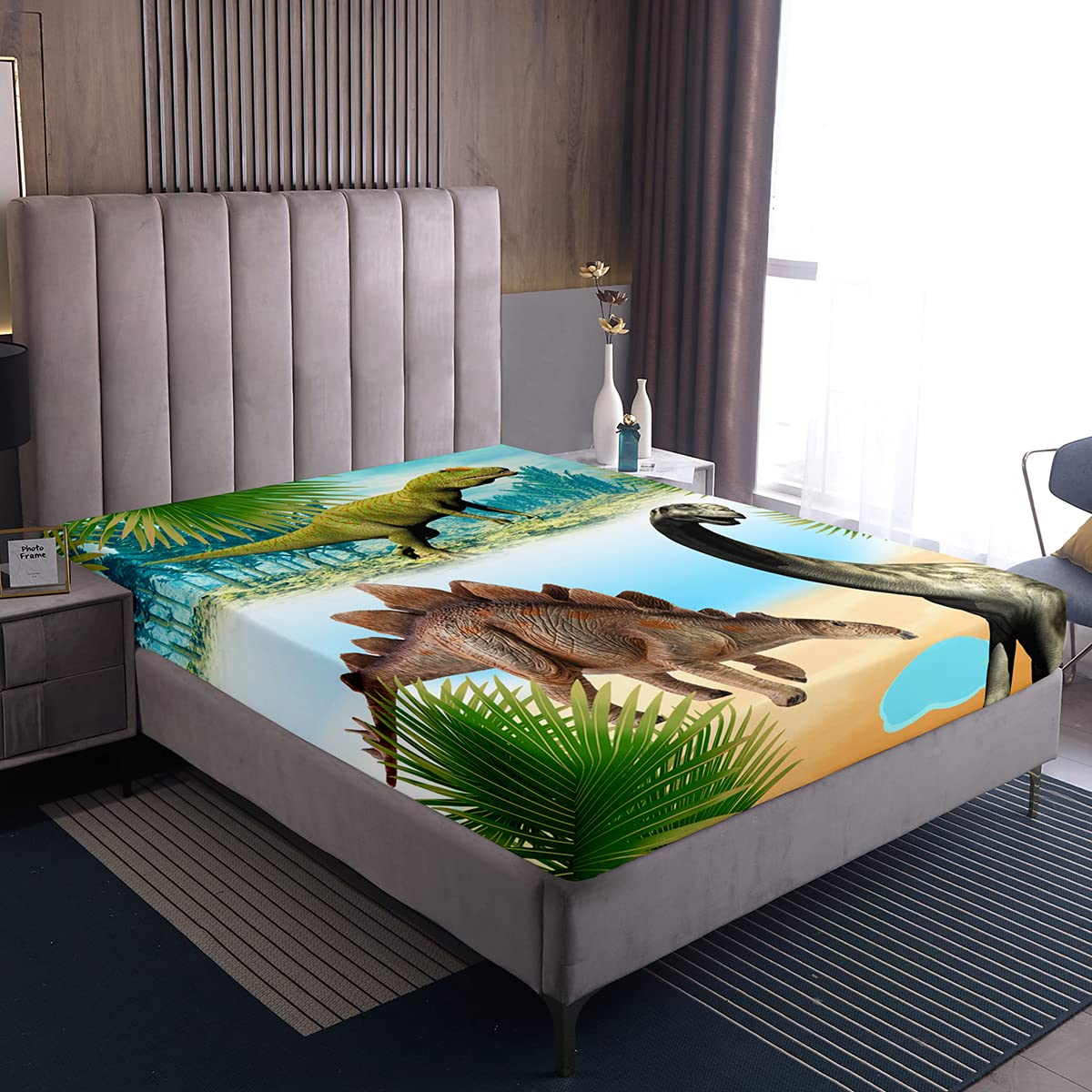 Loussiesd Kids Dinosaur Fitted Sheet 100% Microfiber Breathable Ancient Animals Ocean Palm Leaf Only Bedsheet No Pillowcases Fitted Sheets Luxury Single Size(90 x 190+30cm)