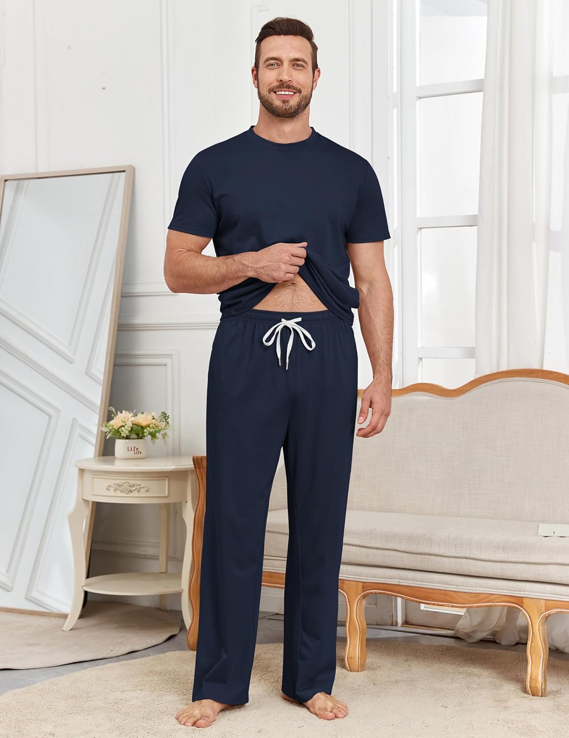 Andeip Mens Pajamas Set 3 Pieces Comfy Lounge Pj Loose Fit Sleepwear Crewneck Top Loungewear Pajama with Pockets