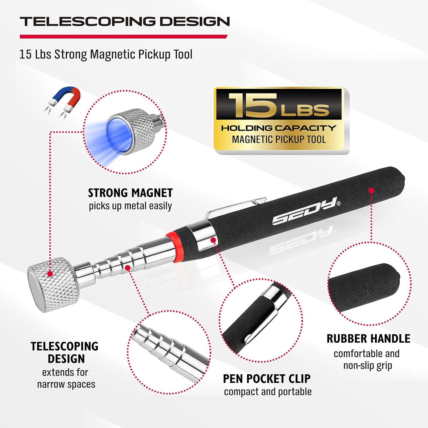 6-Piece Telescoping Magnetic Pickup Tools Set: 31in Portable Magnetic Pickup Stick, 25in Pen-Style Magnetic Pickup Tool, 20in Flexible Bendable Spring Magnet Stick with 4in 9in Magnet Parts Tray