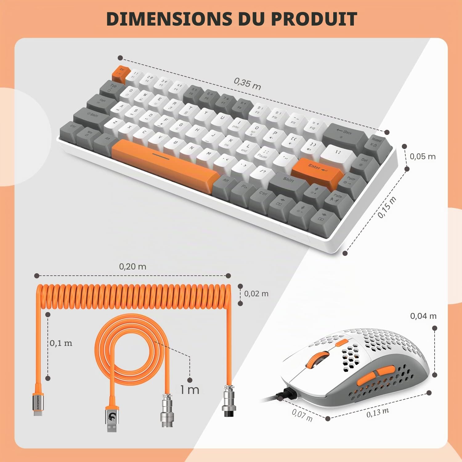 YINDIAO T8 Combos Clavier et Souris de Jeu 60% RVB + Câble USB C Spiralé,Clavier Mécanique Filaire,Disposition Compacte 68 Touches TKL,Souris en Nid d'abeille,Jusqu'à 6400 DPI,pour PC PS5,Gris Clair