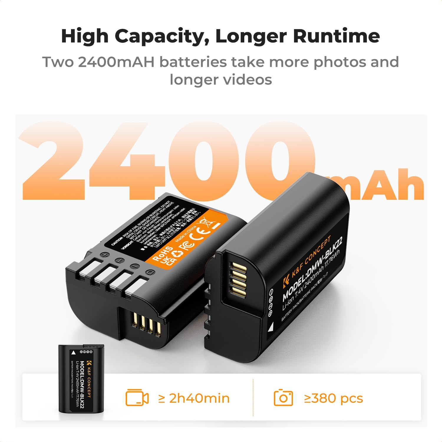 Two K&F Concept DMW-BLK22 batteries with '2400mAh' prominently displayed, indicating high capacity.