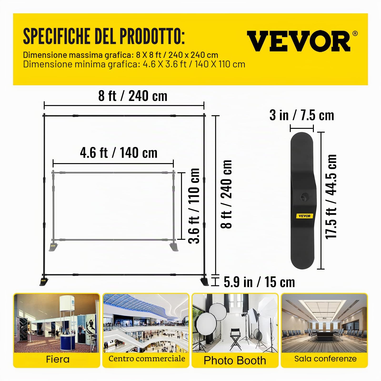 VEVOR Banner Stand 2.4 x 2.4m Supporto Sfondo Studio Fotografico Kit Supporto Fondale Background Portatile Supporto Stativo Da Studio Con 4less