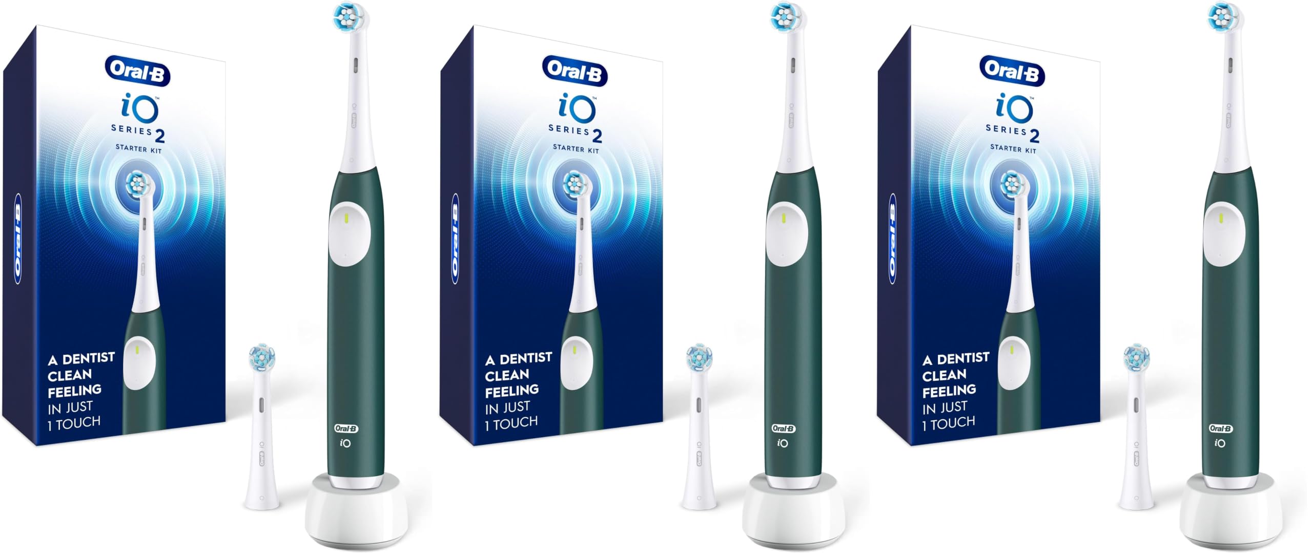 Oral-B Rechargeable Electric Toothbrush, iO2 Starter Kit, 3 Cleaning Modes, Automatic Pressure Sensor to Protect Gums, 2 Brush Heads, Forest Green (Pack of 3)
