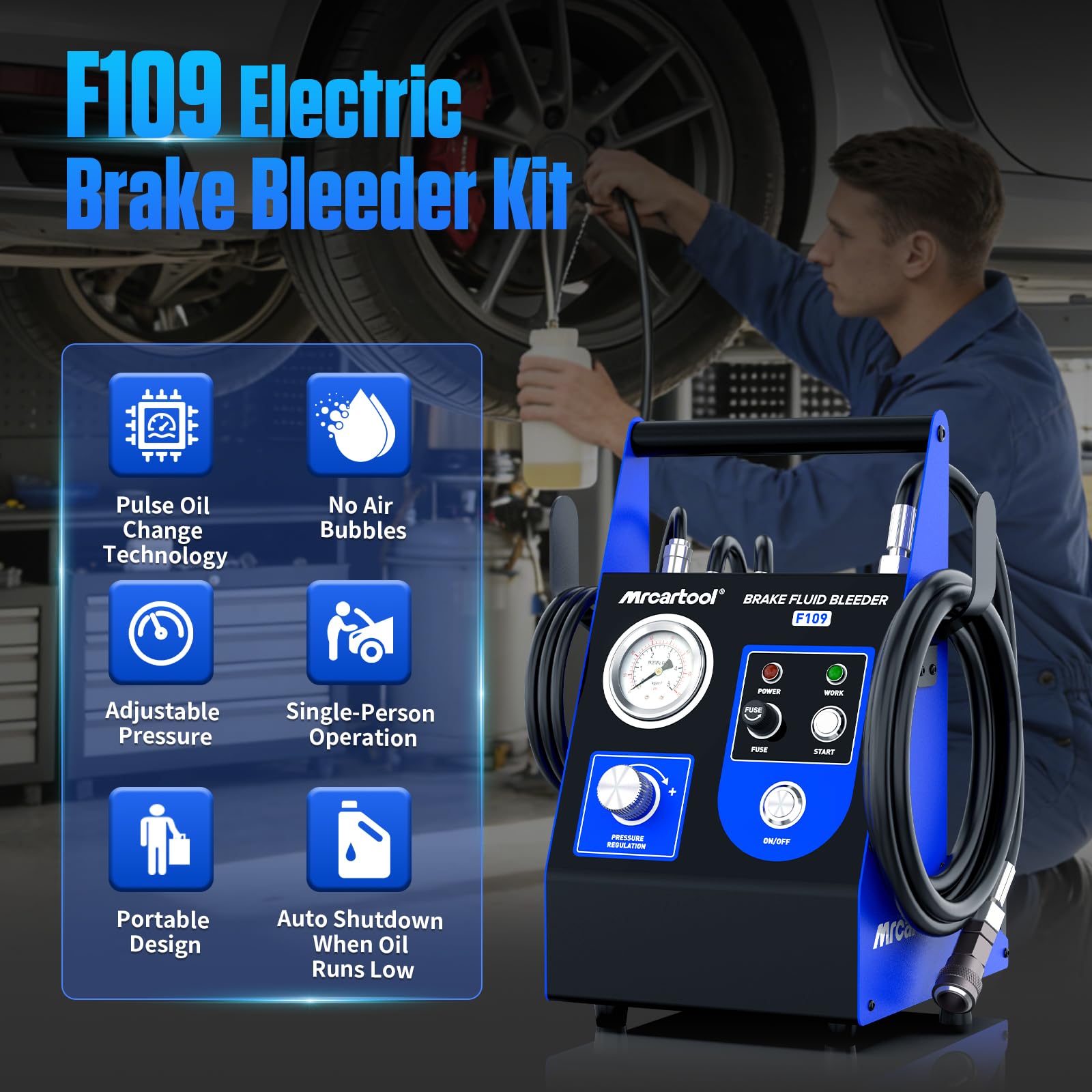 PLAYOCCAR Kit de purgado de Frenos automático, purgador de líquido de Frenos eléctrico 220V, operación por una Sola Persona, llenado sin Aire, Control preciso de presión, 9 adaptadores.