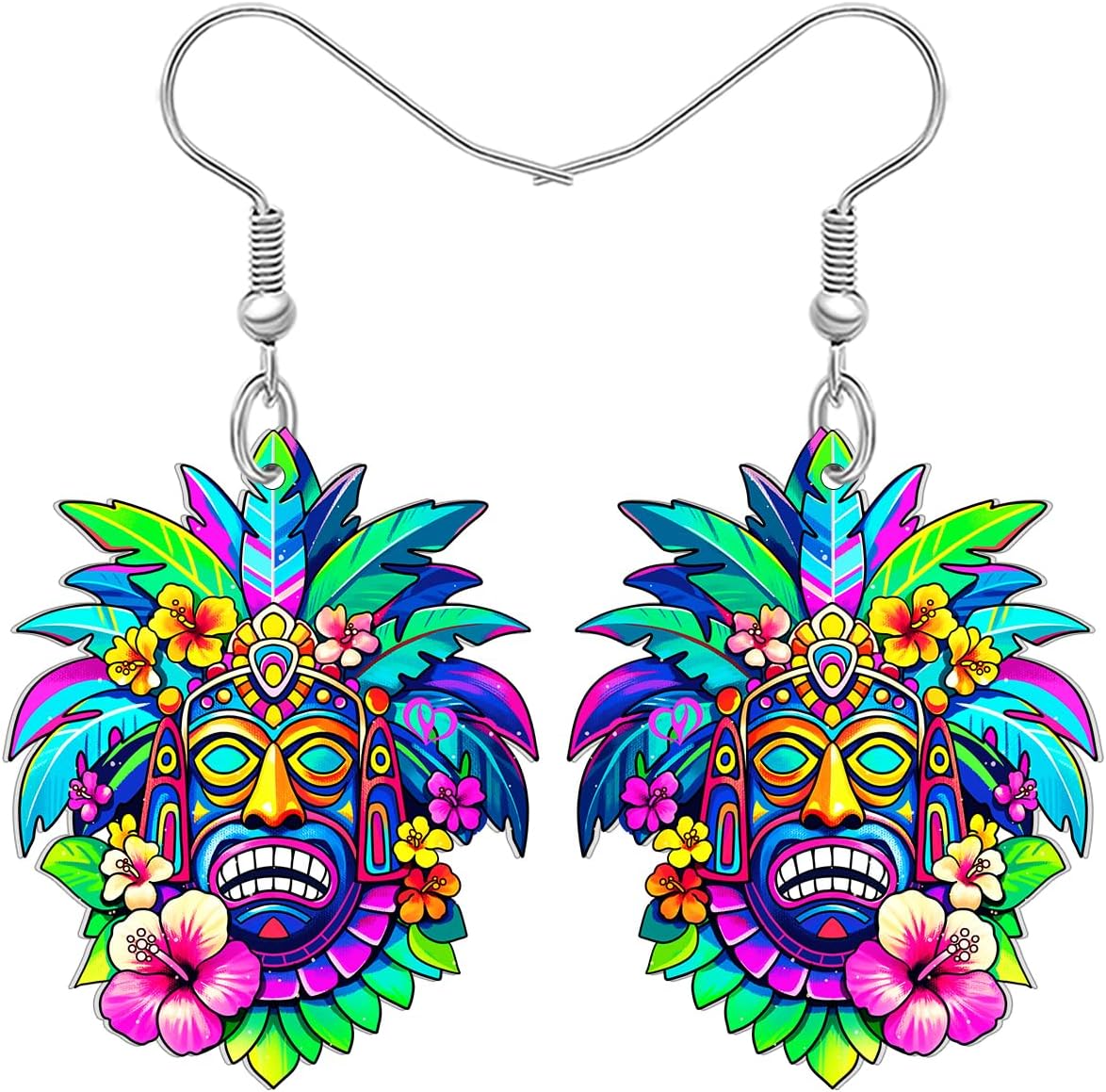 Acrylic Retro Tiki Mask Earrings Dangle Polynesian Decor Tribal Chieftain Vintage Hawaii Jewelry Weird Tiki Gifts for Women Mom Hawaiian Party