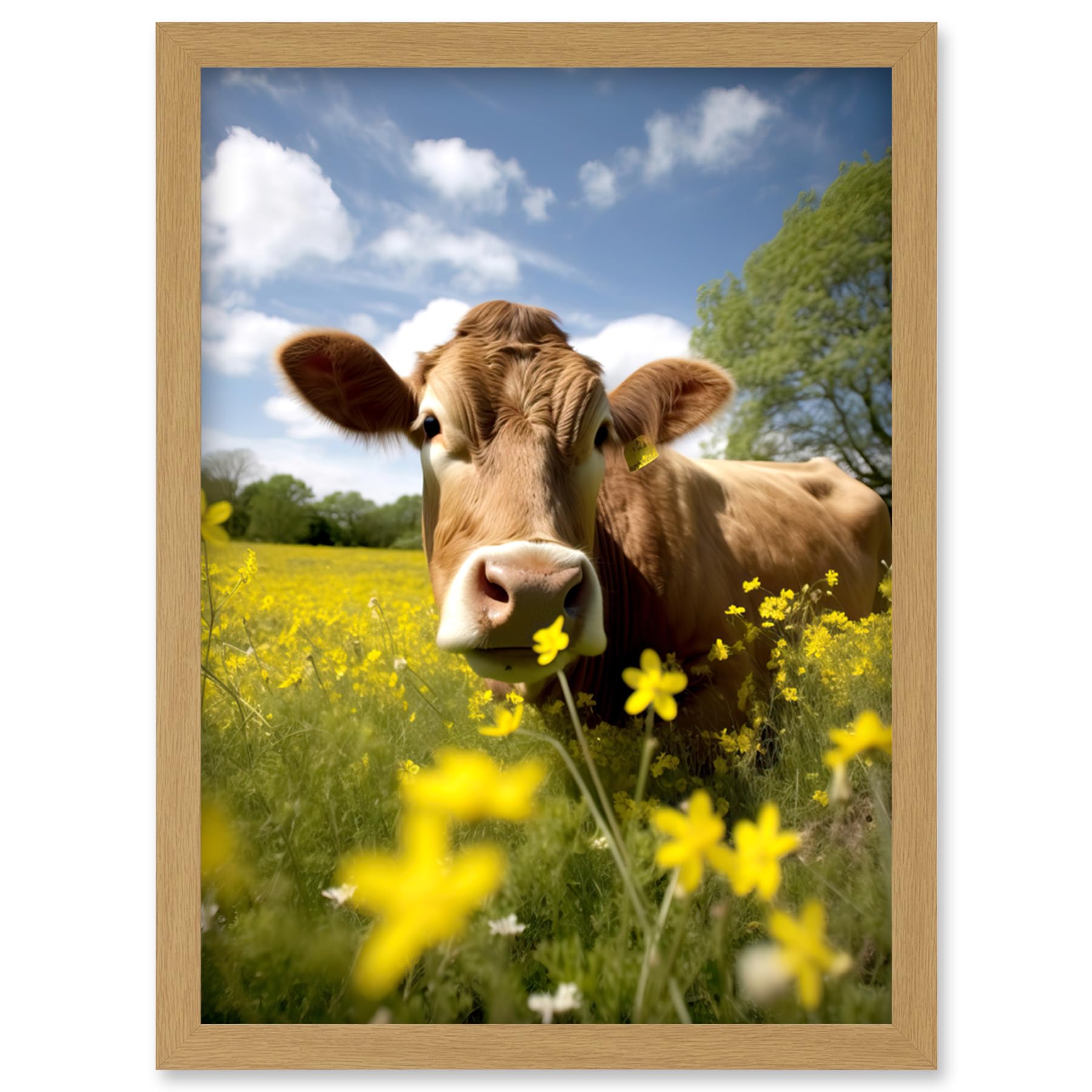 Artery8 Buttercup the Cow Photo Meadow Flowers Photograph Countryside Animal Spring Field Artwork Framed Wall Art Print A4