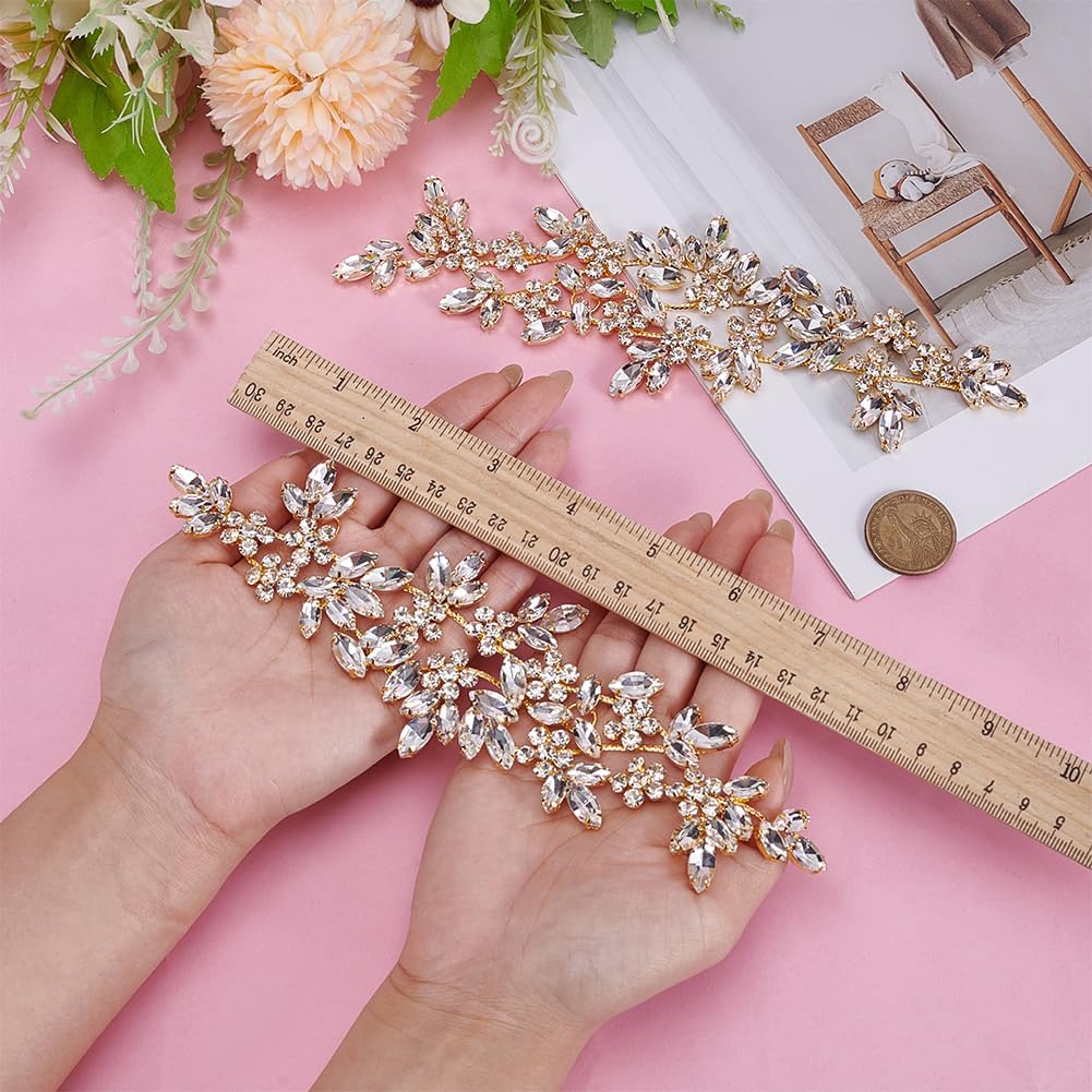 FINGERINSPIRE 2Pcs Crystal Rhinestone Applique 8.66x2.56inch Flower Crystal Patches Golden Alloy Rhinestone Sash Applique Bling Beaded Sash Patch Sparkly Sewing Floral Appliques for Dress Clothes DIY