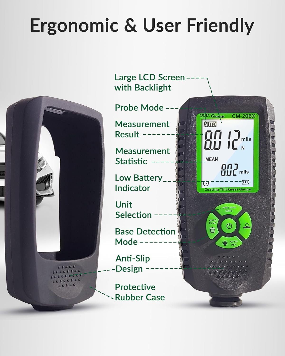 Paint Thickness Gauge – CM-206X Automotive Coating Thickness Meter 0–59.1 mils (0–1500 µm), 0.001 mils Resolution, Fe/NFe/Zn Auto Detection, Ruby Probe