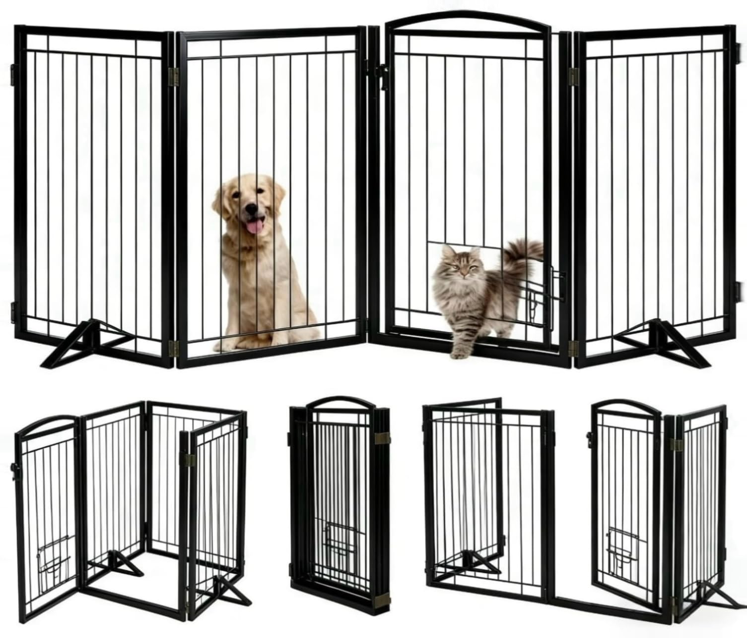full metal freestanding dog gate with cat door for indoor & outdoor,32" tall foldable dog fence,80" extra wide freestanding pet gate for large openings,stairs,deck,yard,doorways(4 panels,black)